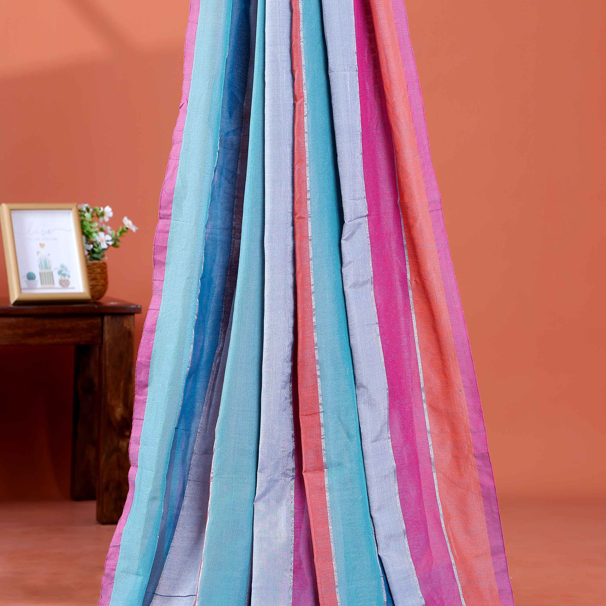 Handwoven Mul Mul Cotton Saree with Bold Striped Pattern and Tassel Detailing – Multi