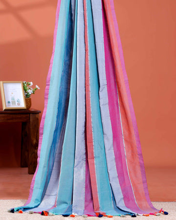 Handwoven Mul Mul Cotton Saree with Bold Striped Pattern and Tassel Detailing – Multi