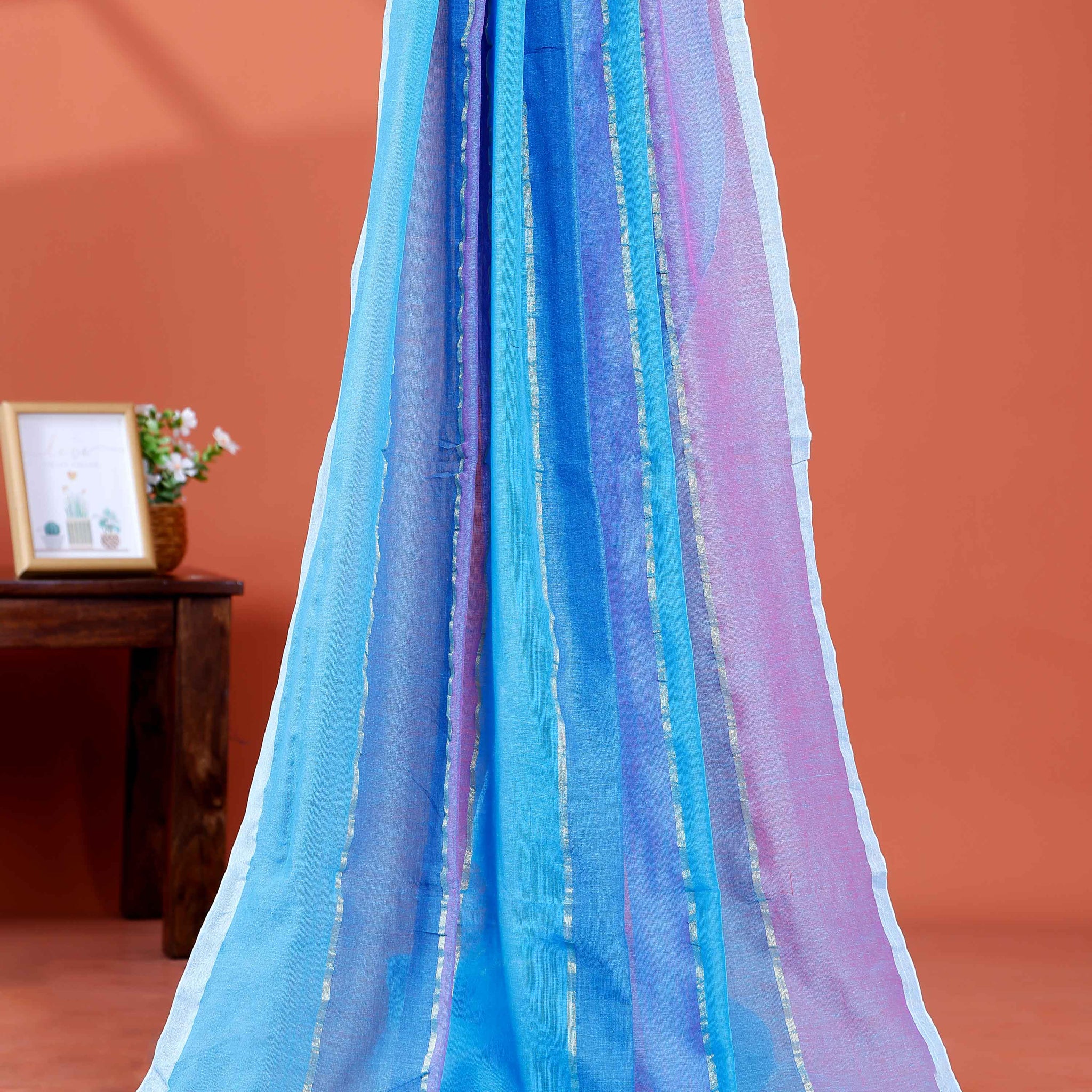 Handwoven Mul Mul Cotton Saree with Bold Striped Pattern and Tassel Detailing – Multi