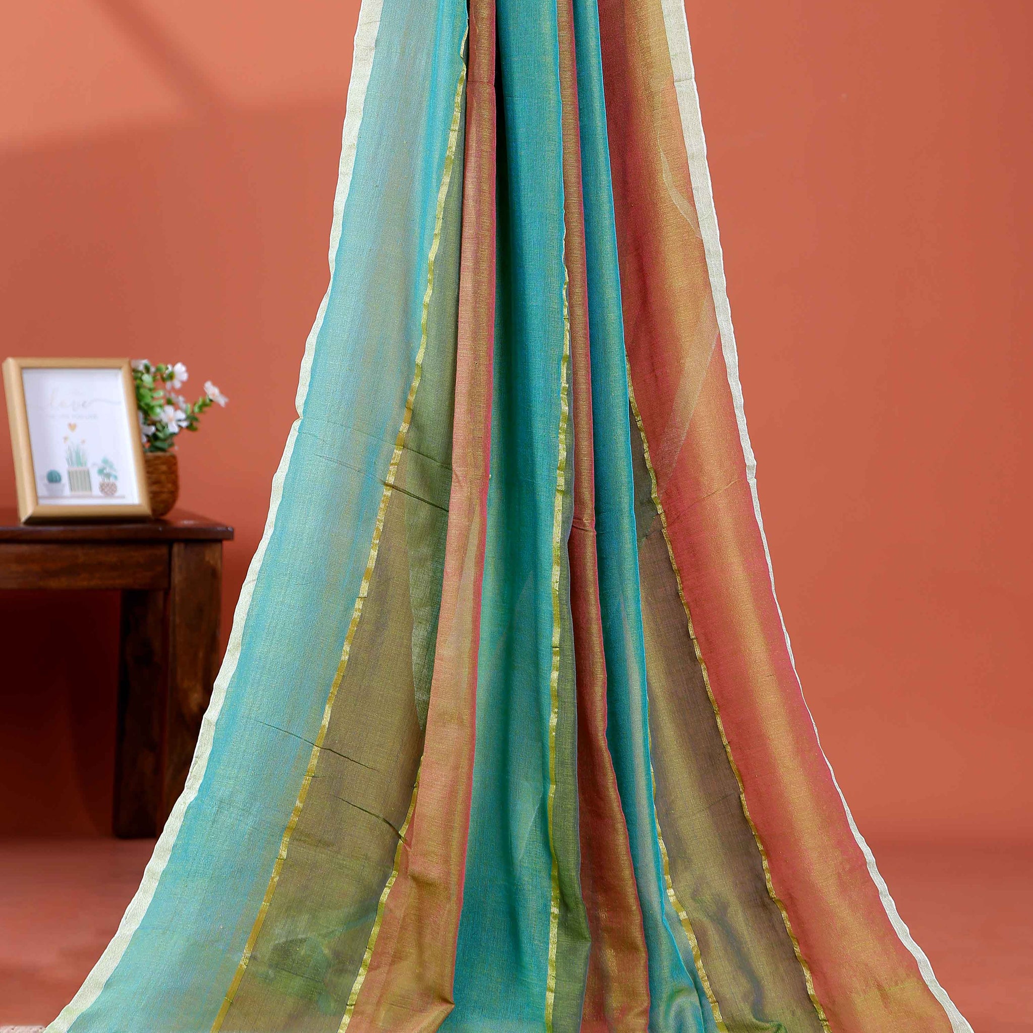Handwoven Mul Mul Cotton Saree with Bold Striped Pattern and Tassel Detailing – Multi