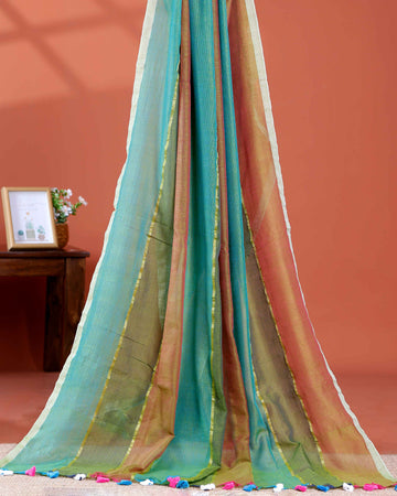 Handwoven Mul Mul Cotton Saree with Bold Striped Pattern and Tassel Detailing – Multi