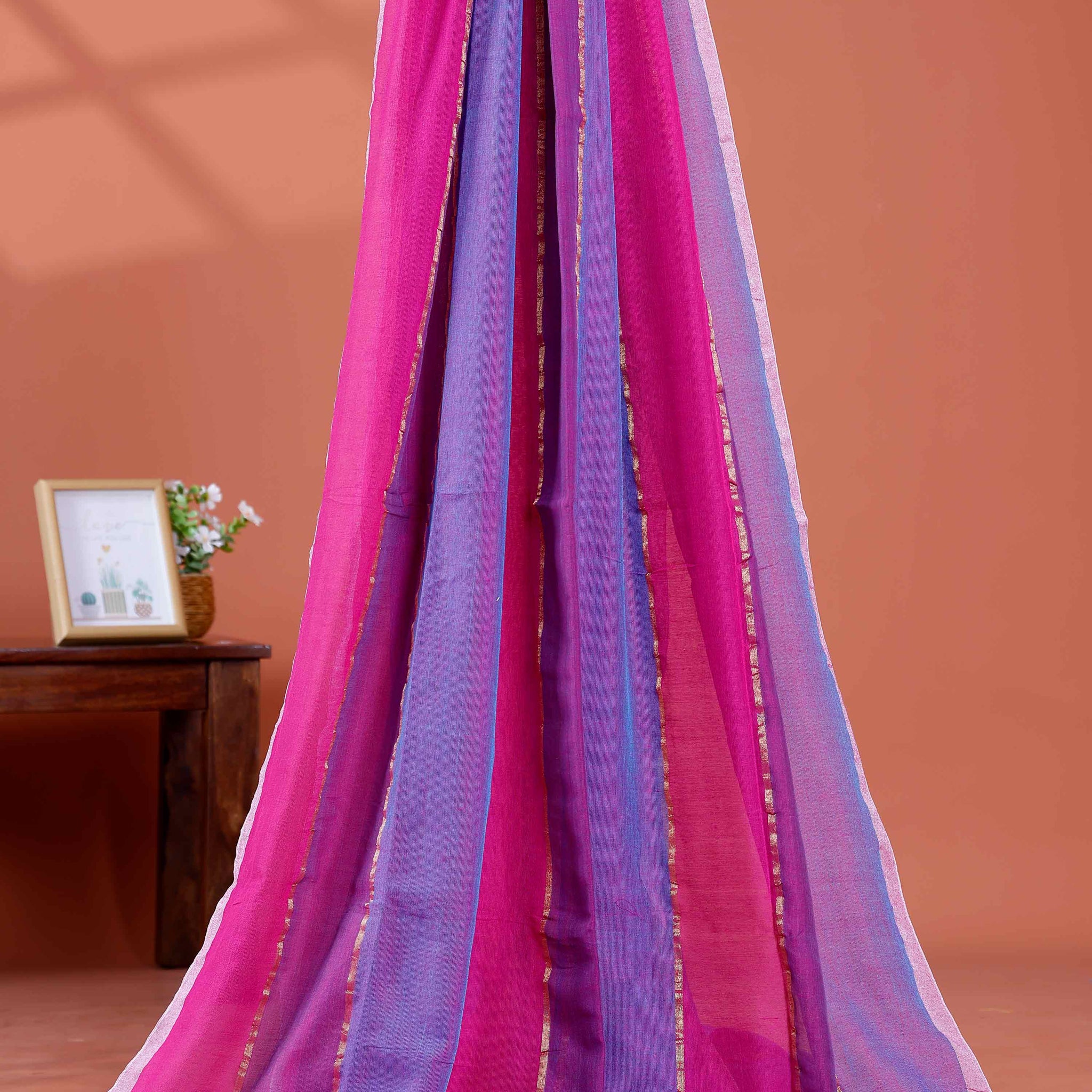 Handwoven Mul Mul Cotton Saree with Bold Striped Pattern and Tassel Detailing – Purple