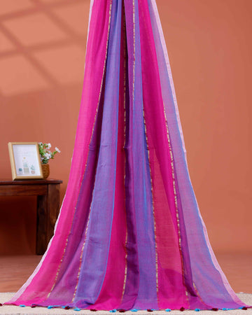 Handwoven Mul Mul Cotton Saree with Bold Striped Pattern and Tassel Detailing – Purple