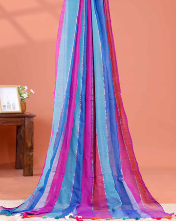 Handwoven Mul Mul Cotton Saree with Bold Striped Pattern and Tassel Detailing – Multi