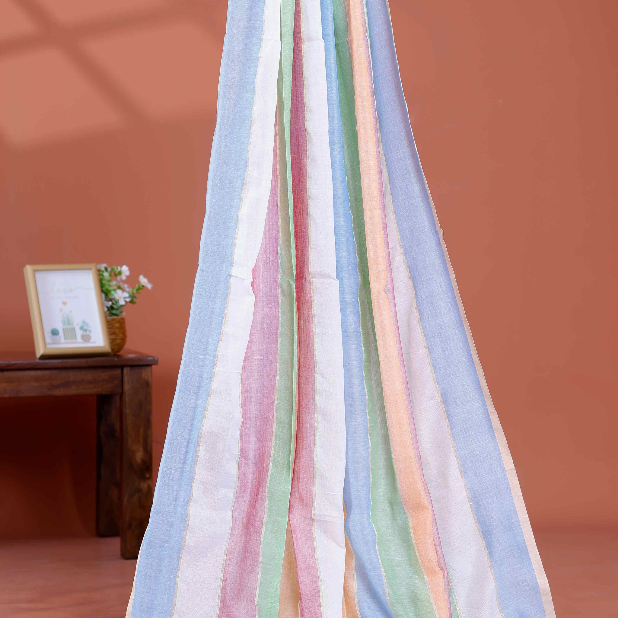 Handwoven Mul Mul Cotton Saree with Bold Striped Pattern and Tassel Detailing – Multi
