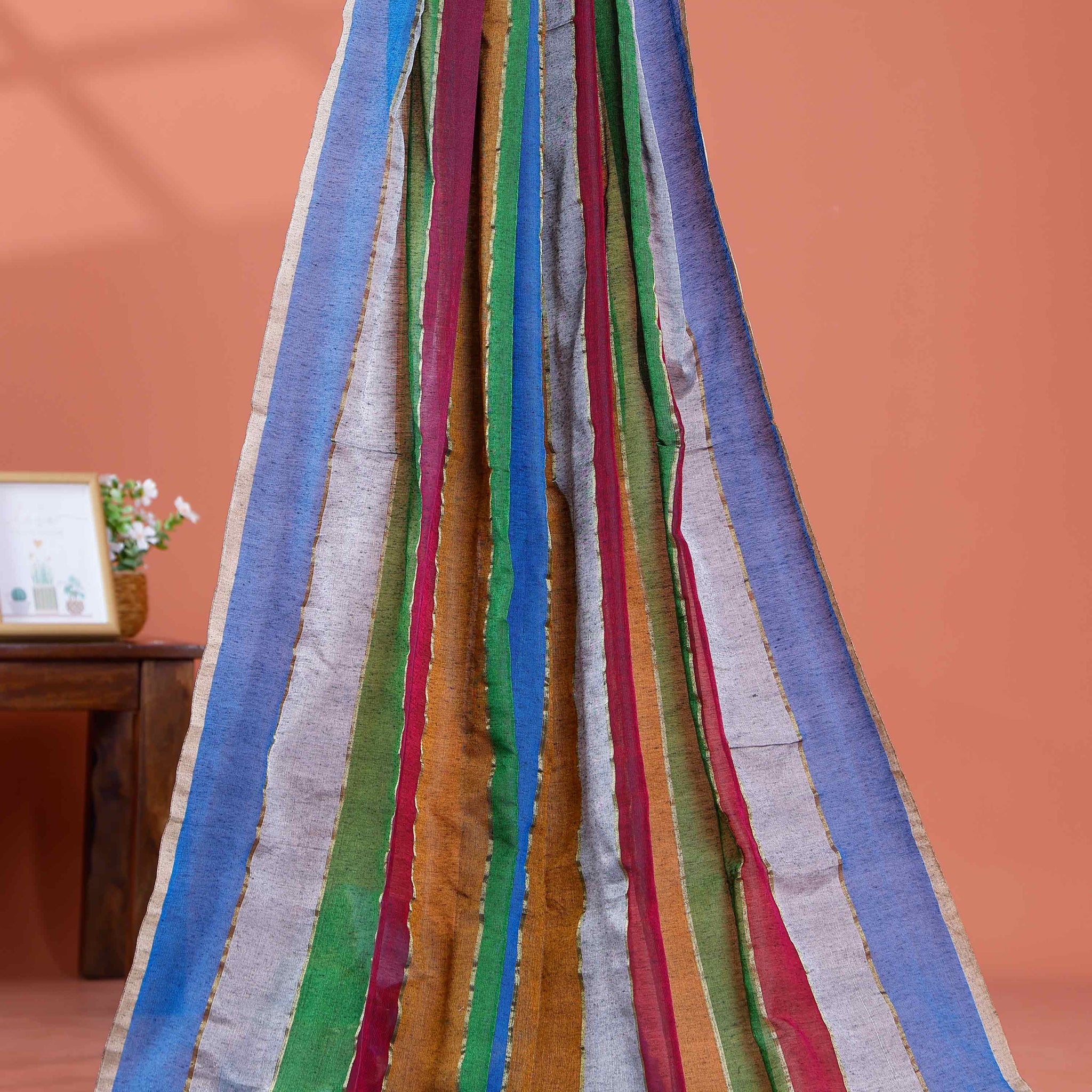 Handwoven Mul Mul Cotton Saree with Bold Striped Pattern and Tassel Detailing – Multi