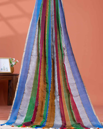 Handwoven Mul Mul Cotton Saree with Bold Striped Pattern and Tassel Detailing – Multi