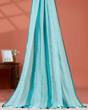 Handwoven Mul Mul Cotton Saree with Bold Striped Pattern and Tassel Detailing – Blue