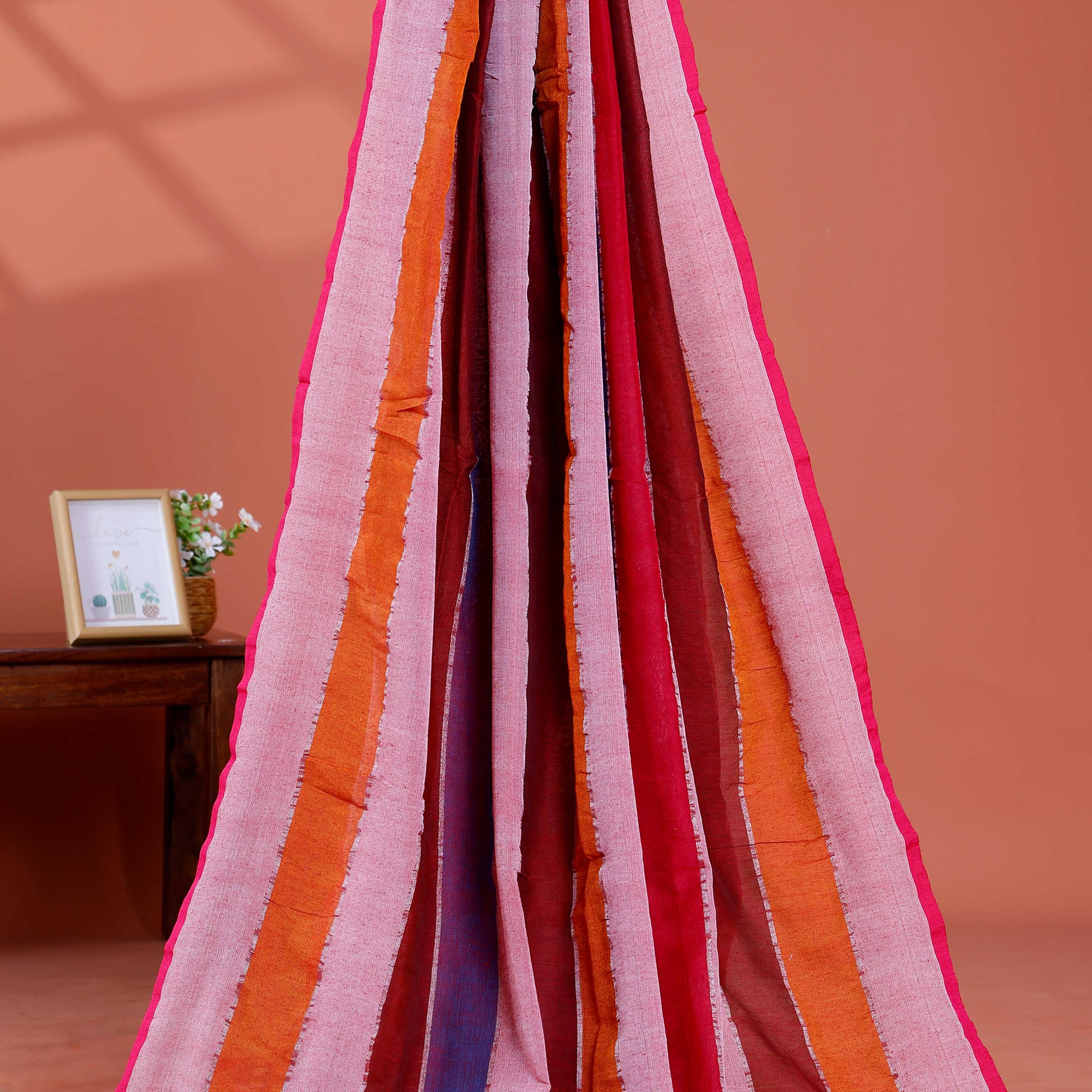 Handwoven Mul Mul Cotton Saree with Bold Striped Pattern and Tassel Detailing – Multi