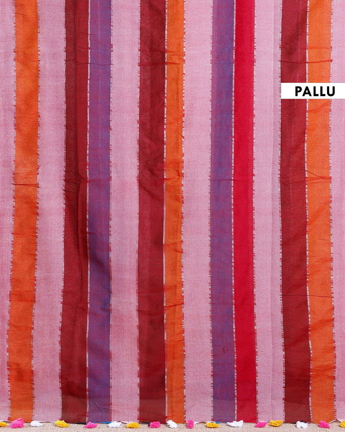 Handwoven Mul Mul Cotton Saree with Bold Striped Pattern and Tassel Detailing – Multi