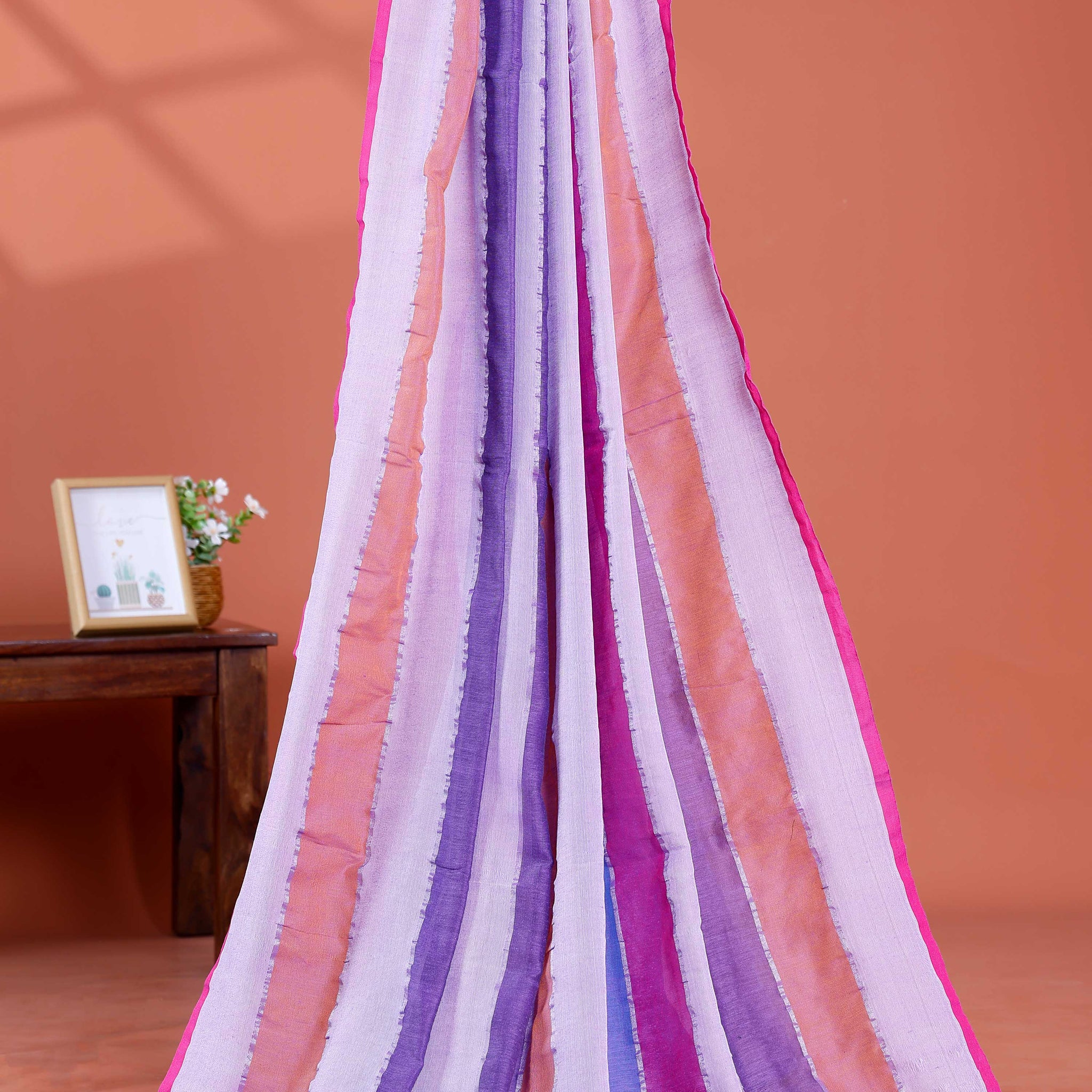 Handwoven Mul Mul Cotton Saree with Bold Striped Pattern and Tassel Detailing – Lavender