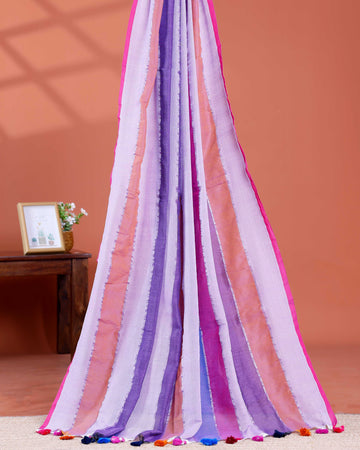 Handwoven Mul Mul Cotton Saree with Bold Striped Pattern and Tassel Detailing – Lavender