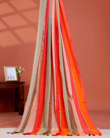 Handwoven Mul Mul Cotton Saree with Bold Striped Pattern and Tassel Detailing – Multi