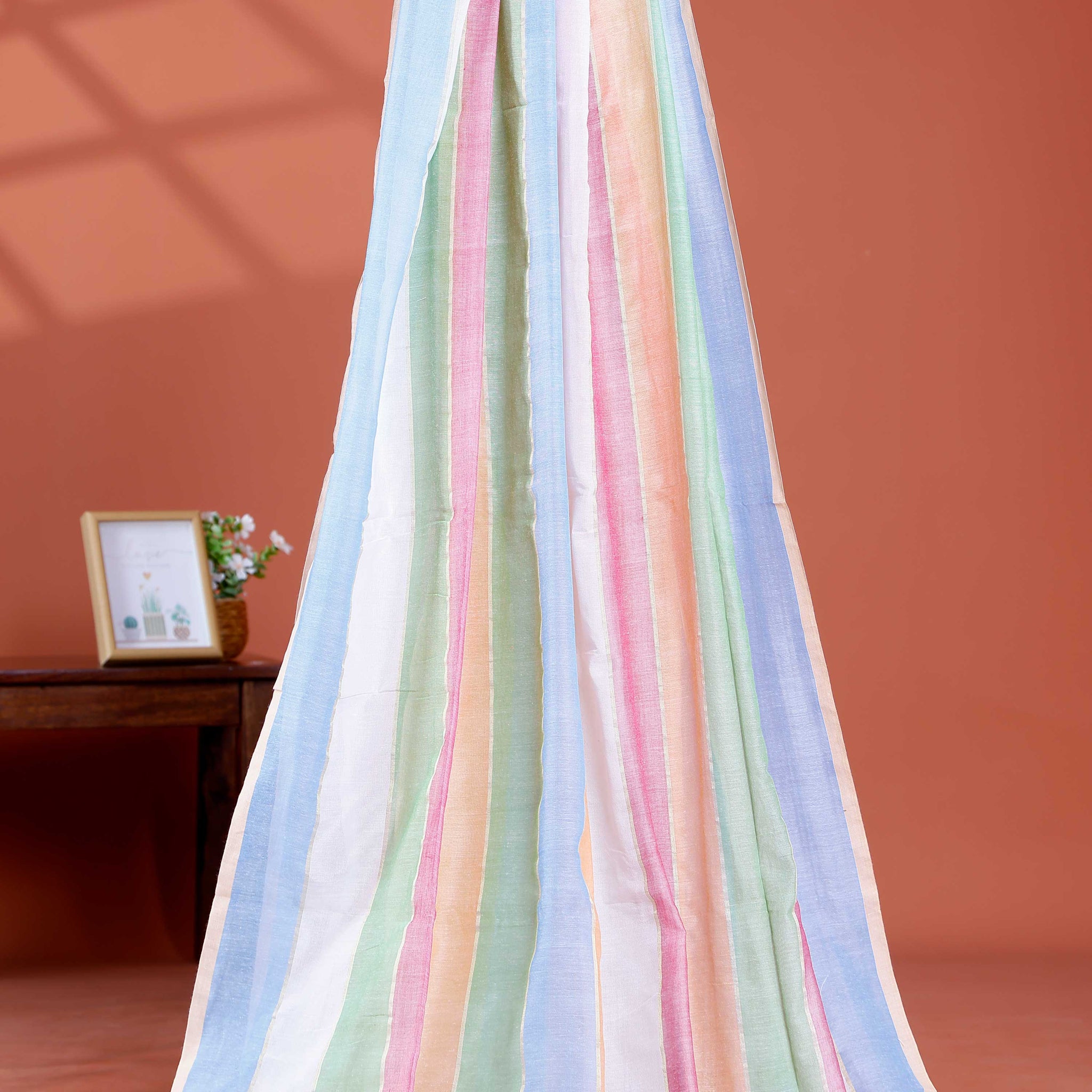 Handwoven Mul Mul Cotton Saree with Bold Striped Pattern and Tassel Detailing – Multi