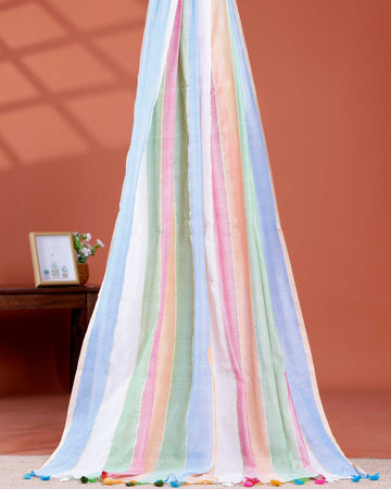Handwoven Mul Mul Cotton Saree with Bold Striped Pattern and Tassel Detailing – Multi