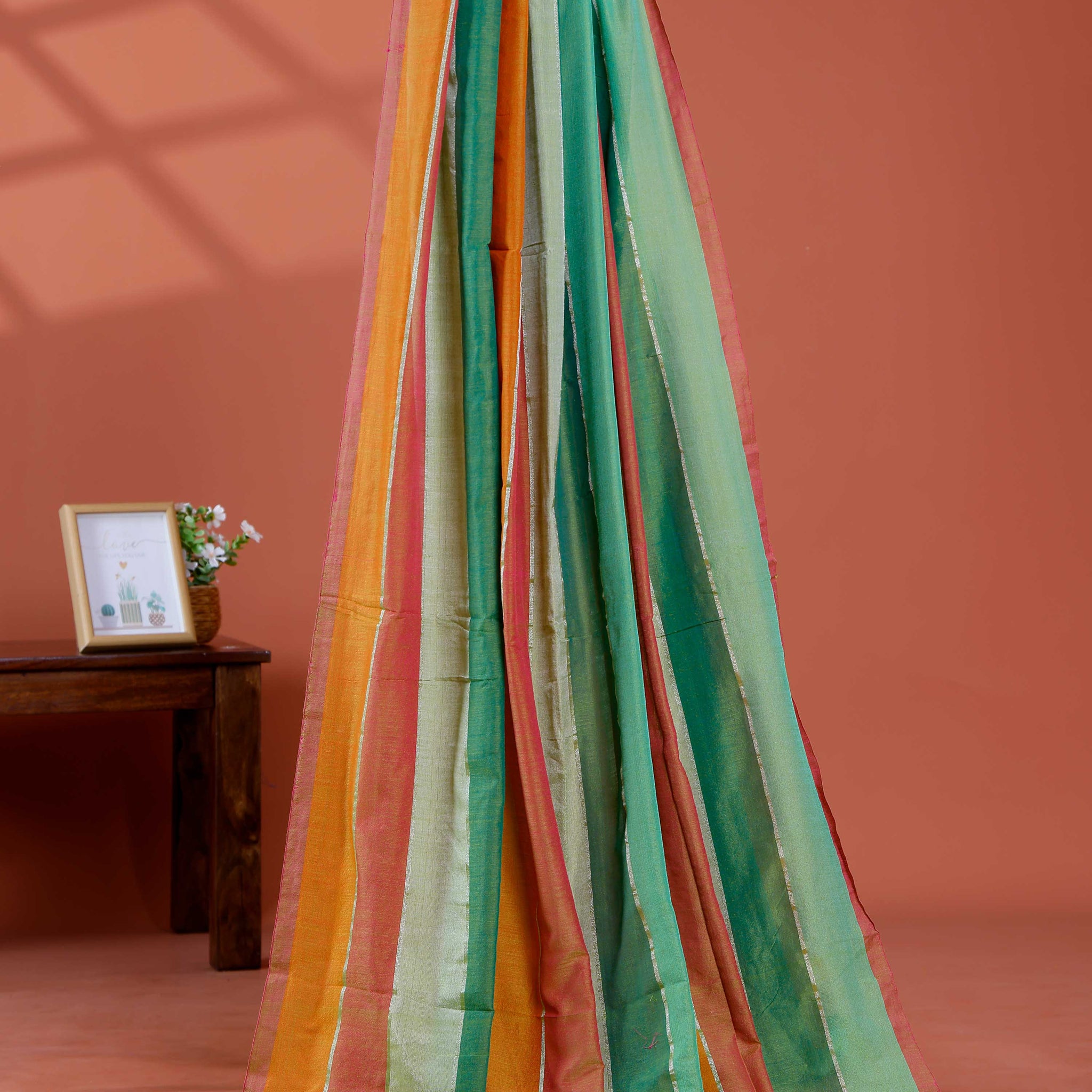 Handwoven Mul Mul Cotton Saree with Bold Striped Pattern and Tassel Detailing – Multi