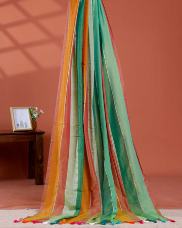 Handwoven Mul Mul Cotton Saree with Bold Striped Pattern and Tassel Detailing – Multi