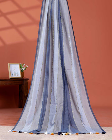 Handwoven Mul Mul Cotton Saree with Bold Striped Pattern and Tassel Detailing – Multi