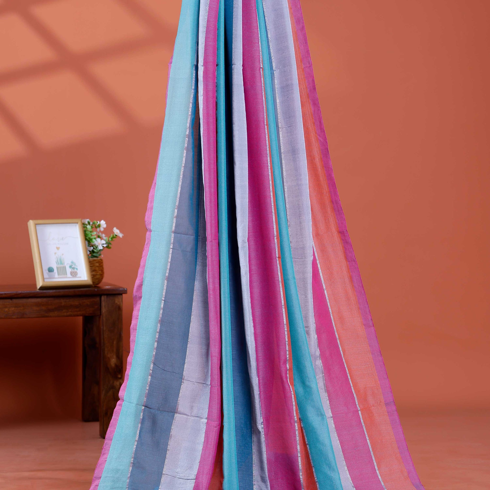 Handwoven Mul Mul Cotton Saree with Bold Striped Pattern and Tassel Detailing – Multi