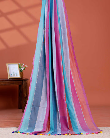 Handwoven Mul Mul Cotton Saree with Bold Striped Pattern and Tassel Detailing – Multi