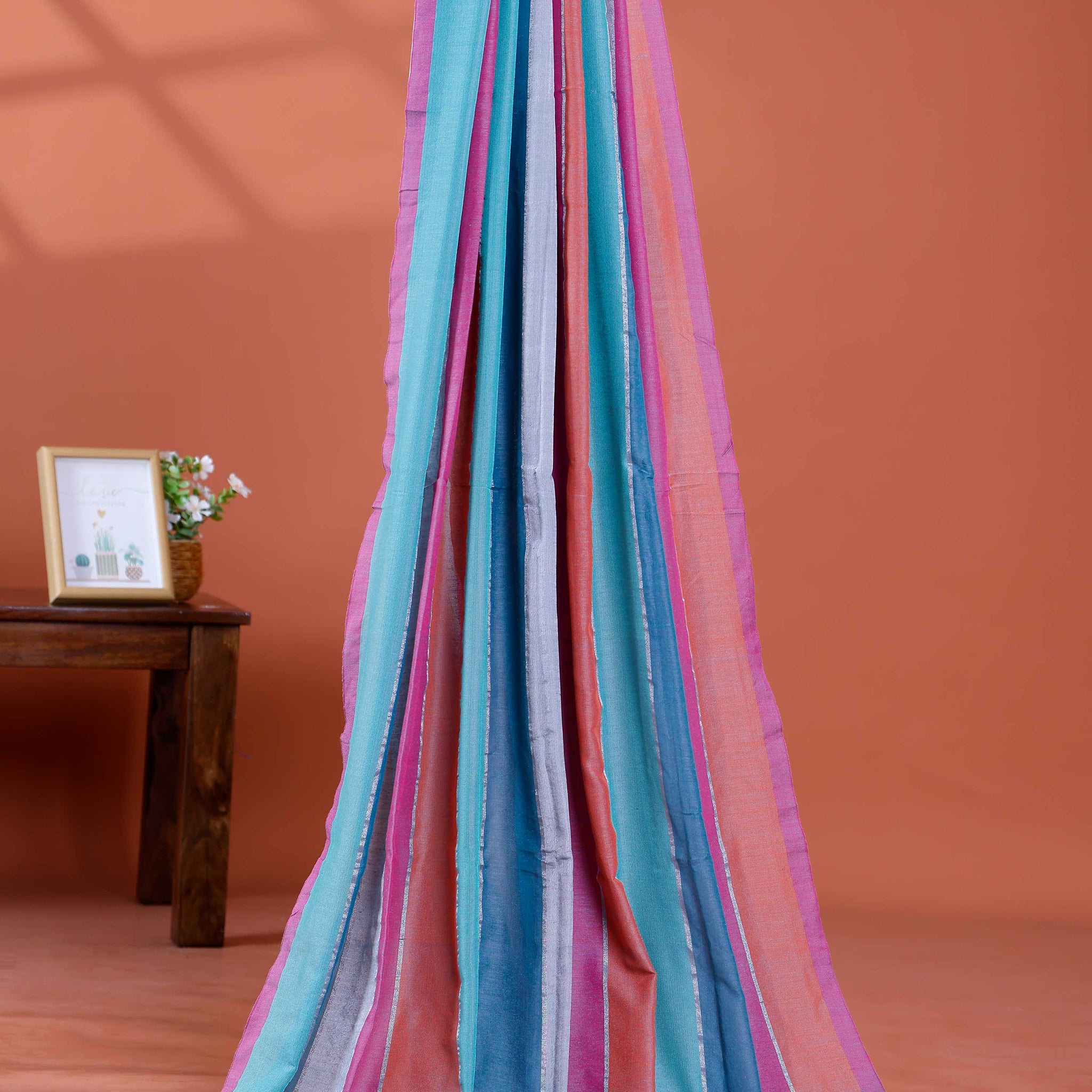 Handwoven Mul Mul Cotton Saree with Bold Striped Pattern and Tassel Detailing – Multi