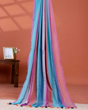Handwoven Mul Mul Cotton Saree with Bold Striped Pattern and Tassel Detailing – Multi