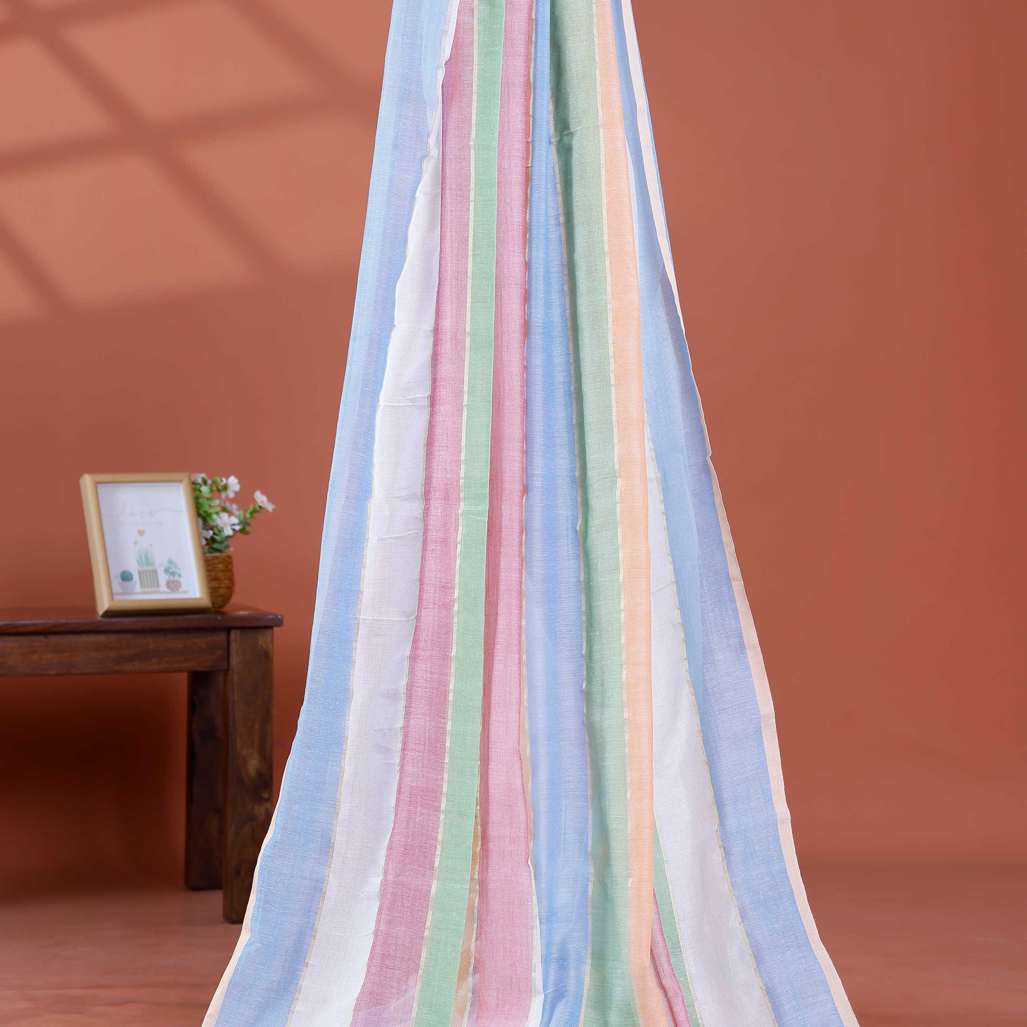 Handwoven Mul Mul Cotton Saree with Bold Striped Pattern and Tassel Detailing – Multi