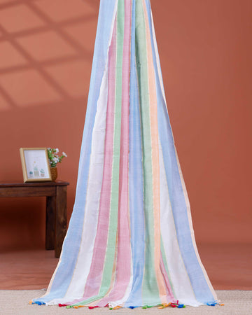 Handwoven Mul Mul Cotton Saree with Bold Striped Pattern and Tassel Detailing – Multi