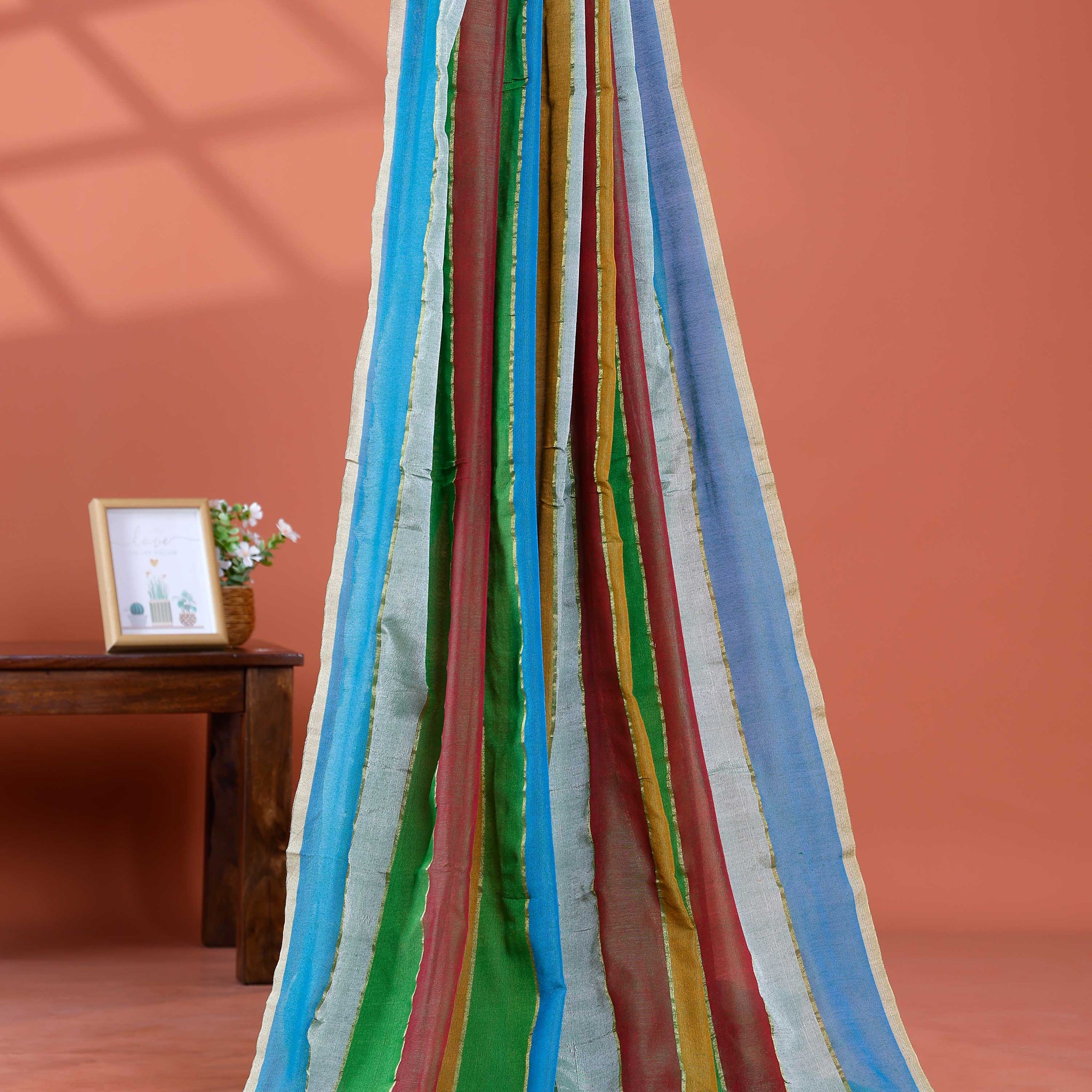 Handwoven Mul Mul Cotton Saree with Bold Striped Pattern and Tassel Detailing – Multi
