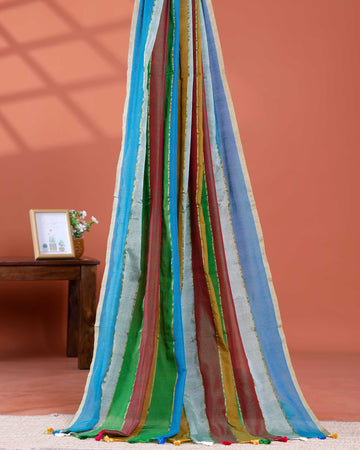 Handwoven Mul Mul Cotton Saree with Bold Striped Pattern and Tassel Detailing – Multi