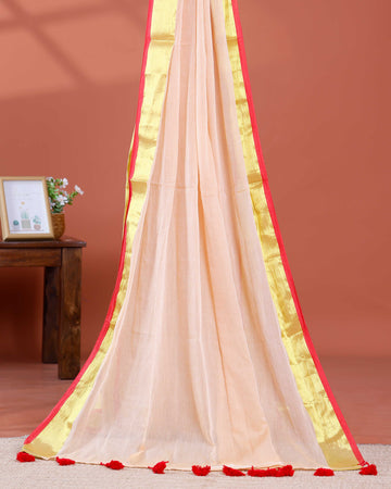 Handwoven Mul Mul Cotton Saree with Subtle Sheen and Contrasting Border – Peach