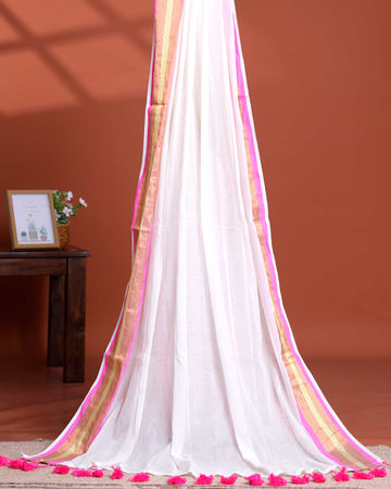 Handwoven Mul Mul Cotton Saree with Subtle Sheen and Contrasting Border – White