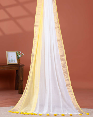 Handwoven Mul Mul Cotton Saree with Subtle Sheen and Contrasting Border – White