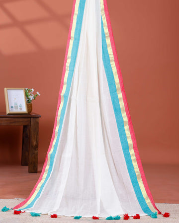Handwoven Mul Mul Cotton Saree with Subtle Sheen and Contrasting Border – White