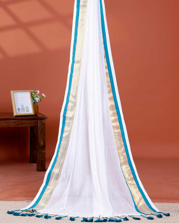 Handwoven Mul Mul Cotton Saree with Subtle Sheen and Contrasting Border – White