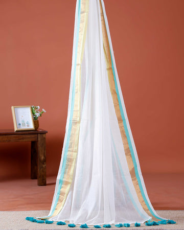 Handwoven Mul Mul Cotton Saree with Subtle Sheen and Contrasting Border – White