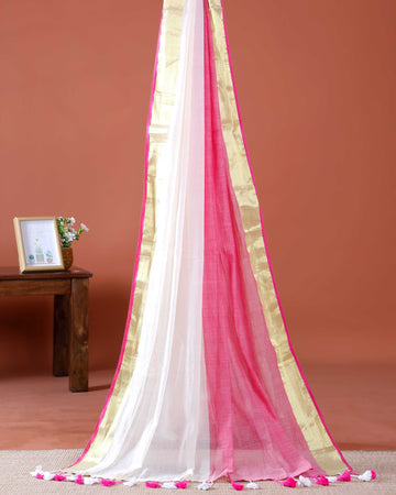 Handwoven Mul Mul Cotton Saree with Subtle Sheen and Contrasting Border – White