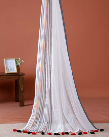 Handwoven Mul Mul Cotton Saree with Classic Striped Design and Colorful Tassel Accents – White