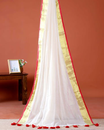 Handwoven Mul Mul Cotton Saree with Subtle Striped Pattern and Contrast Tassel Detailing – White