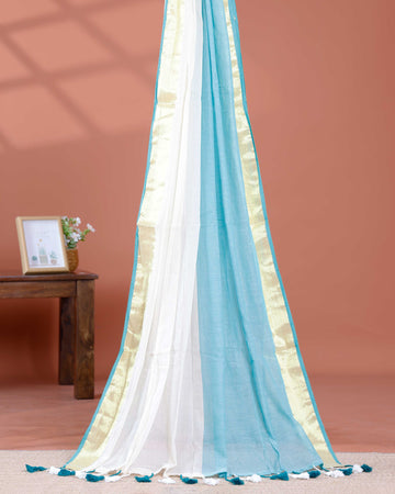 Handwoven Mul Mul Cotton Saree with Subtle Striped Pattern and Contrast Tassel Detailing – White