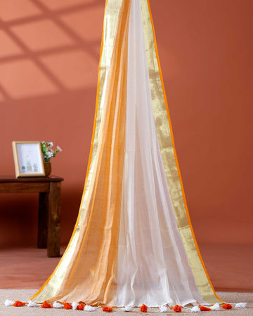 Handwoven Mul Mul Cotton Saree with Subtle Striped Pattern and Contrast Tassel Detailing – White