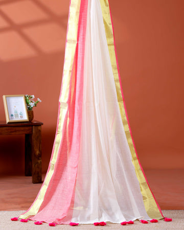 Handwoven Mul Mul Cotton Saree with Subtle Striped Pattern and Contrast Tassel Detailing – White