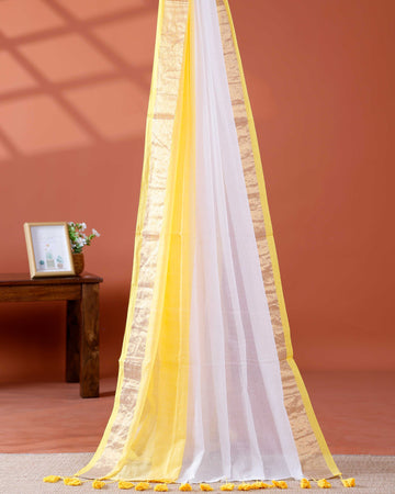 Handwoven Mul Mul Cotton Saree with Subtle Striped Pattern and Contrast Tassel Detailing – White