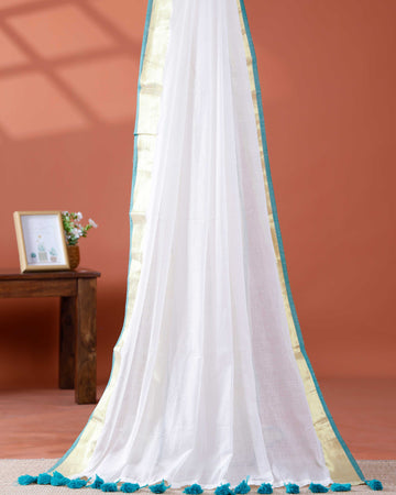 Handwoven Mul Mul Cotton Saree with Subtle Striped Pattern and Contrast Tassel Detailing – White