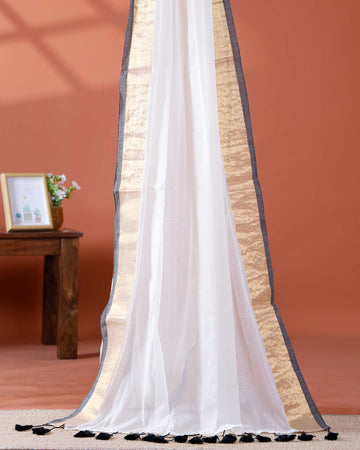 Handwoven Mul Mul Cotton Saree with Subtle Striped Pattern and Contrast Tassel Detailing – White