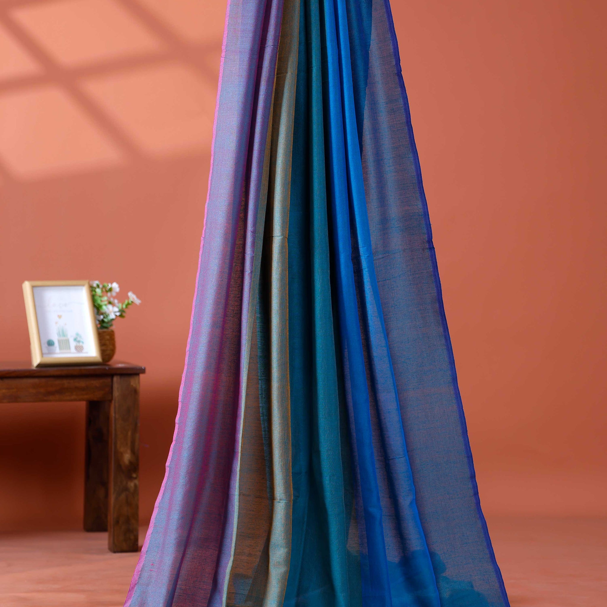 Handloom Mulmul Cotton Saree with Vertical Stripe Pattern and Decorative Tassels – Multi