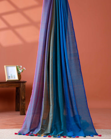 Handloom Mulmul Cotton Saree with Vertical Stripe Pattern and Decorative Tassels – Multi