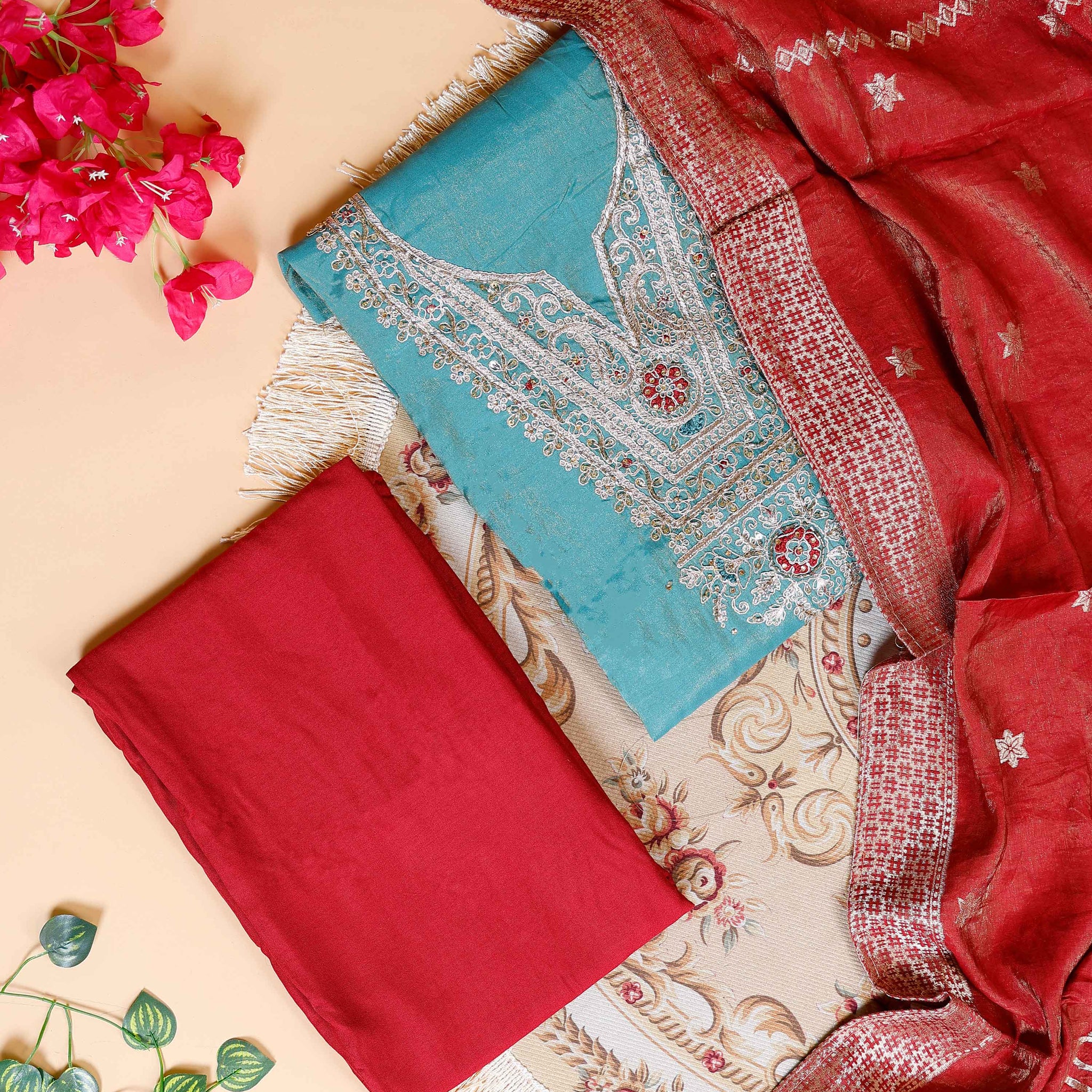 Women's Unstitched Salwar Material with Intricate Embroidery & Matching Dupatta - Blue