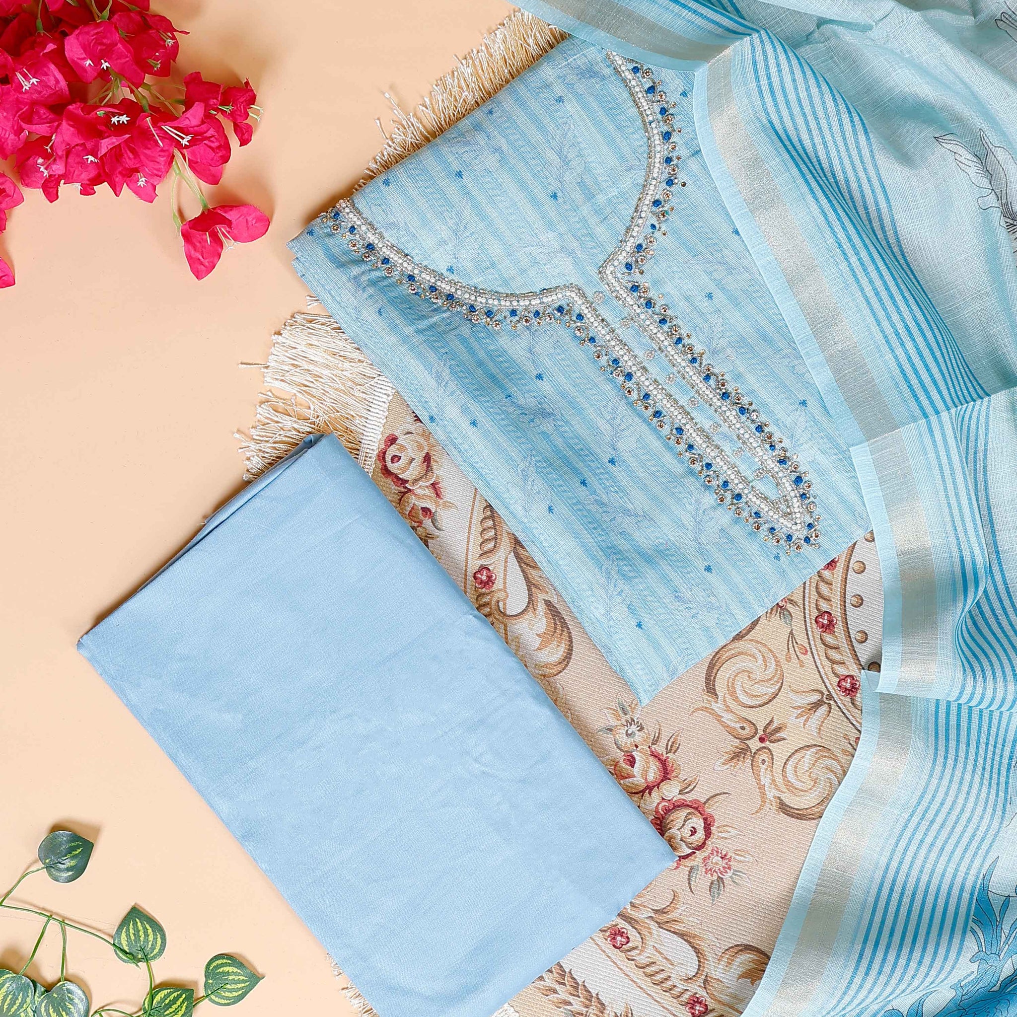 Women's Embroidered Neckline Unstitched Salwar Suit Material with Dupatta - Blue