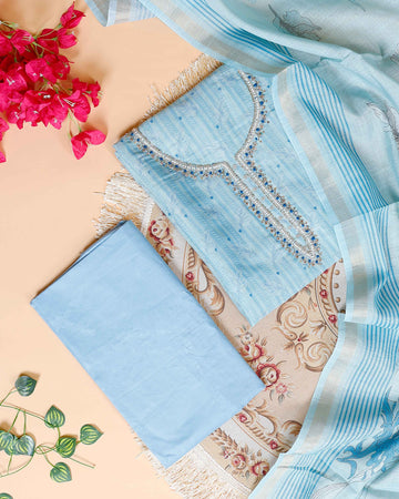 Women's Embroidered Neckline Unstitched Salwar Suit Material with Dupatta - Blue
